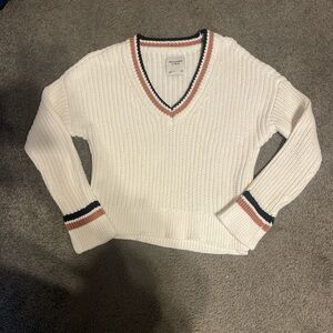 Abercrombie White V-Neck Sweater with Striped Accents